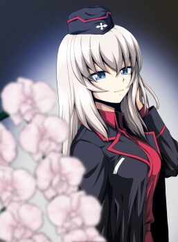Rule 34 | 1girl, absurdres, black hat, black jacket, blue eyes, breasts, collared shirt, commentary request, flower, garrison cap, girls und panzer, grey hair, hand in own hair, hat, highres, itsumi erika, jacket, kamishima kanon, kuromorimine military uniform, large breasts, long hair, looking at viewer, pink flower, red shirt, shirt, smile, unbuttoned jacket