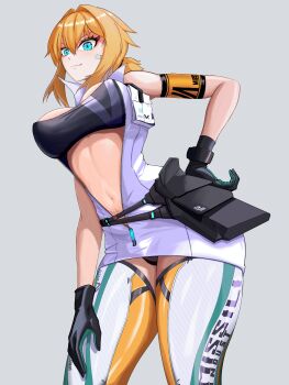 1girl absurdres aqua_eyes aqua_gloves armband bandaid bandaid_on_cheek bandaid_on_face bare_shoulders belt_pouch black_gloves black_panties black_sports_bra blonde_hair breasts cleavage closed_mouth clothes_writing commentary cowboy_shot dress gloves goddess_of_victory:_nikke grey_background hair_between_eyes hand_on_own_hip hand_on_own_thigh highres keyer_(pixiv_56447493) large_breasts leggings looking_at_viewer maxwell_(nikke) multicolored_gloves navel official_alternate_costume panties pantyshot ponytail pouch short_hair short_hair_with_long_locks short_ponytail sidelocks simple_background sleeveless sleeveless_dress smile solo sports_bra standing stomach two-tone_gloves underwear unzipped white_dress white_leggings yellow_armband yellow_leggings zipper_pull_tab