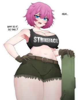 Rule 34 | 1girl, absurdres, armpits, belt, belt buckle, black shorts, black tank top, blue eyes, breasts, brown belt, brown gloves, buckle, clothes writing, commentary, commission, cowboy shot, crop top, double-parted bangs, english commentary, english text, from below, gloves, hair between eyes, hand on own hip, highres, large breasts, looking at viewer, mayoa, navel, open mouth, original, pink hair, short hair, short shorts, shorts, simple background, solo, stomach, talking, tank top, thick thighs, thighs, white background