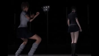 2girls 3d animated animated_gif ayanokouji_sasa black_hair black_panties blinking breasts brown_eyes brown_hair clock close-up fighting fighting_stance glowing glowing_eyes high_kick indou_yuugi_omega indou_yuugi_omega_(zenpen)_~yumi_no_kenzoku_vs_onna_dragon~ jumping kicking large_breasts looking_at_another moon multiple_girls neck_ribbon outdoors panties pantyshot red_moon ribbon school_uniform short_hair skirt surprised tendou_ayane umemaro underwear vampire violence white_panties wristband yellow_eyes