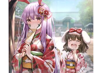 2girls :t absurdres alternate_costume animal_ears animal_print architecture asa_no_ha_(pattern) black_hair blurry blurry_background blush body_writing bow breath calligraphy_brush cherry_blossom_print chinese_zodiac closed_eyes closed_mouth cloud_print day drawing_on_another&#039;s_face east_asian_architecture embarrassed facepaint floppy_ears floral_print flower furrowed_brow hagoita hair_between_eyes hair_bow hair_flower hair_ornament hand_to_own_mouth hands_up hanetsuki highres holding holding_brush inaba_tewi japanese_clothes kimono kine komainu laughing lens_flare light_particles light_purple_hair long_hair long_sleeves looking_at_viewer mallet mochitsuki mortar_(bowl) multiple_girls nail_polish non-web_source nose_blush obi open_mouth orange_eyes own_hands_together paddle paintbrush pavement pestle petal_print photo_background pink_bow pink_kimono pointing pout print_kimono rabbit rabbit_ears rabbit_pin rabbit_print red_bow red_eyes red_kimono red_nails reisen_udongein_inaba round_teeth sash scan shide short_hair shrine sidelocks smile teeth touhou tree upper_body upper_teeth_only usagi_kine very_long_hair wide_sleeves writing_on_face year_of_the_rabbit yellow_sash yuuka_nonoko