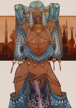 1girl absurdres armpits arms_behind_head bags_under_eyes breasts cleavage commentary dark-skinned_female dark_elf dark_skin detached_sleeves earrings elf eyeliner grey_hair harem_outfit harem_pants highres jewelry large_breasts long_hair makeup mouth_veil navel open_mouth orange_eyes original overjav pants pointy_ears solo teeth veil