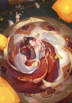 1girl absurdres animal brown_eyes brown_hair by_yi chinese_clothes chinese_new_year dress earrings expressionless eyelashes facial_mark feather_hair_ornament feathers floating_clothes floating_hair floral_print flower food forehead_mark from_above fruit full_body gold_necklace hagoromo hair_bun hair_ornament hair_rings half_updo happy highres holding holding_flower jacket jewelry lantern light_blush light_particles lipstick long_dress long_hair long_sleeves makeup mandarin_orange necklace nikki_(series) outdoors outstretched_arms paper_lantern parted_lips petals rabbit red_dress red_lips see-through_clothes see-through_jacket shawl shining_nikki sight_of_the_moon_(shining_nikki) signature single_hair_bun solo spinning stage strapless strapless_dress tassel veranda very_long_hair white_jacket wide_sleeves yellow_flower