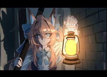 Rule 34 | 1girl, absurdres, animal ear fluff, animal ears, blue bow, bow, brick wall, brown hair, collared shirt, commentary request, dress shirt, grey eyes, hair between eyes, hair bow, highres, holding, holding lantern, lantern, letterboxed, long hair, original, ponytail, shino duka, shirt, solo, upper body, white shirt