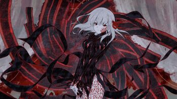 Rule 34 | 1girl, black dress, body markings, breasts, chnruwn1299861, commentary request, corruption, cowboy shot, dark persona, dark sakura, dress, facial mark, fate/stay night, fate (series), hair ribbon, highres, long hair, long sleeves, looking at viewer, matou sakura, red eyes, red ribbon, ribbon, solo, striped clothes, striped dress, vertical-striped clothes, vertical-striped dress, white hair