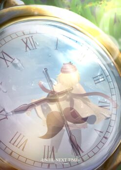 1girl absurdres analog_clock black_pantyhose blonde_hair blurry bokeh brown_coat brown_skirt character_name clock coat commentary deerstalker depth_of_field detective english_commentary english_text from_behind grass hat highres hololive hololive_english legs_apart medium_hair mustache_print outdoors pantyhose pleated_skirt reflection roman_numeral skirt solo standing stopwatch sunlight trench_coat virtual_youtuber watch water watson_amelia watson_amelia_(1st_costume) zolomon_(jarvis_lin)