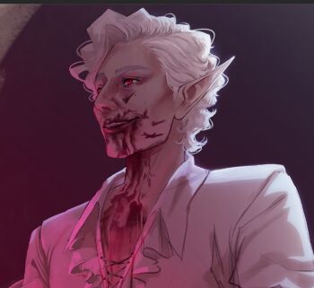 Rule 34 | 1boy, astarion, asymmetrical bangs, baldur's gate, baldur's gate 3, blood, blood on chest, blood on face, cheekbones, collared shirt, cross-laced clothes, cross-laced top, dark, dungeons & dragons, dungeons &amp; dragons, forehead, happy, highres, lips, looking ahead, male focus, open mouth, pale skin, pointy ears, purple background, red eyes, shirt, short hair, short sleeves, smile, solo, teeth, the tealeaf, thick eyebrows, upper body, upper teeth only, vampire, wavy hair, white hair, white shirt