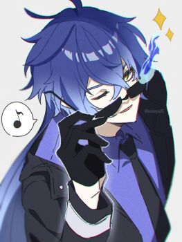 Rule 34 | 1boy, ;d, adjusting eyewear, antenna hair, black gloves, black jacket, black necktie, blue fire, blue hair, blue shirt, blurry, blurry background, collared shirt, commentary, crossed bangs, depth of field, fire, flins (genshin impact), genshin impact, gloves, gradient hair, hair between eyes, hand up, highres, jacket, leaning forward, long hair, long sleeves, looking at viewer, male focus, multicolored hair, musical note, necktie, one eye closed, open clothes, open jacket, open mouth, shirt, simple background, smile, solo, sparkle, speech bubble, spoken musical note, sunglasses, susukeya, untranslatable commentary, upper body, very long hair, white background, wing collar, yellow eyes