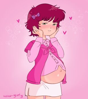 1980s_(style) 1girl artist_name belly blush body_blush brown_hair cowboy_shot dress_shirt gradient_background green_eyes gundam gundam_zz hair_ornament hairpin hands_on_own_face happy heart highres holding_face leina_ashta light_smile loli midriff_peek navel oldschool pink_background pregnant pregnant_loli retro_artstyle shirt short_hair simple_background skirt smile undershirt