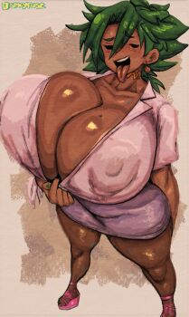 1girl 2025 arm_at_side artist_name black_eyes breasts choker cleavage clothes_pull commentary covered_erect_nipples dark-skinned_female dark_skin earrings english_commentary feet female_focus foreshortening green_nails grey_background highres huge_breasts jewelry kiana_(spicyfuse) lapels legs_apart messy_hair mole mole_on_breast naughty_face no_bra notched_lapels open_clothes original pencil_skirt pink_shirt platform_heels purple_skirt shirt shirt_pull short_sleeves simple_background skirt solo spicyfuse spiked_hair strappy_heels teeth thick_thighs thighs tongue tongue_out upper_teeth_only variant_set