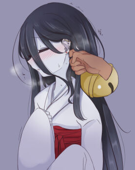 1girl adjusting_another's_hair black_hair blush chabatake_yunomi chuugoku_usagi closed_eyes commentary_request disembodied_hand ear_piercing heavy_breathing highres japanese_clothes kimono long_hair pale_skin piercing upper_body very_long_hair voicevox