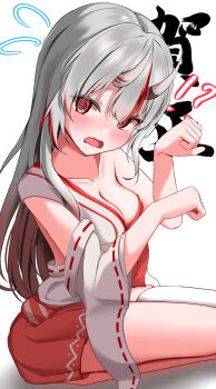 1girl @_@ alternate_costume breasts commentary_request fang gradient_hair hakama highres hololive horns japanese_clothes kaju_paint kimono long_hair looking_at_viewer medium_breasts multicolored_hair nakiri_ayame oni paw_pose red_eyes red_hair red_hakama red_streaks sidelocks skin-covered_horns skin_fang solo streaked_hair very_long_hair virtual_youtuber white_kimono