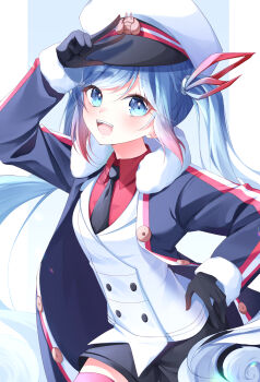 1girl absurdres aqua_eyes aqua_hair black_coat black_gloves black_necktie black_shorts blush coat collared_shirt commentary_request fur-trimmed_coat fur-trimmed_sleeves fur_trim gloves gradient_hair hair_between_eyes hair_ornament hair_ribbon hand_on_own_hip hareriya hat hatsune_miku highres jacket long_hair long_sleeves looking_at_viewer multicolored_hair necktie official_alternate_costume official_alternate_hairstyle open_mouth peaked_cap red_ribbon red_shirt ribbon sailor_hat shirt short_shorts shorts smile solo striped_clothes striped_thighhighs thighhighs twintails very_long_hair vocaloid white_hair white_jacket yuki_miku yuki_miku_(2022)