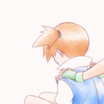 1boy 1girl ash_ketchum blue_jacket fingerless_gloves from_behind gloves green_gloves hair_tie jacket misty_(pokemon) nintendo orange_hair pokemon pokemon_(anime) pokemon_(classic_anime) ponytail popped_collar shirt short_hair short_sleeves side_ponytail sitting solo_focus