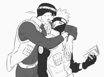 Rule 34 | 2boys, arms around neck, black gloves, black hair, black mask, black shirt, blunt bangs, blush, bodysuit, book, bowl cut, closed eyes, commentary request, ear blush, flak jacket, gloves, greyscale, hatake kakashi, headband over one eye, highres, holding, holding book, hug, hug from behind, jacket, konohagakure shinobi uniform, korean commentary, m0 mo momo, male focus, mask, might guy, monochrome, mouth mask, multiple boys, naruto (series), open mouth, reading, shirt, short hair, smile, spiked hair, thick eyebrows, upper body, vest, white background