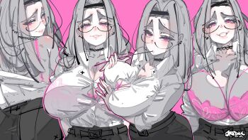 1girl absurdres artist_name black_choker black_pants bra breasts choker cleavage collared_shirt commentary english_commentary glasses grey_hair highres jewelry jrpencil large_breasts long_hair looking_at_viewer multiple_views original pants parted_lips pink_background pink_bra pink_eyes raised_inner_eyebrows ring shirt simple_background smile underwear white_shirt