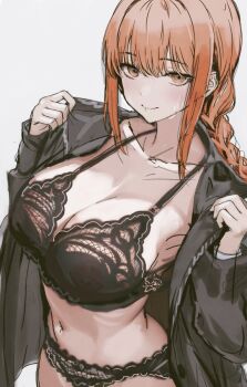 1girl black_bra black_jacket black_panties bra braid braided_ponytail breasts chainsaw_man cleavage collarbone commentary_request jacket kurono_mitsuki lace lace-trimmed_bra lace_panties lace_trim large_breasts looking_at_viewer makima_(chainsaw_man) navel nipples open_clothes open_jacket orange_eyes paid_reward_available panties pants parted_lips red_hair ringed_eyes see-through_clothes see-through_bra shirt sidelocks solo steaming_body stomach sweat underwear