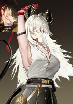 1girl absurdres ahoge arm_strap arm_up armpit_focus armpits black_choker black_horns black_pants breasts button_gap choker cleavage closed_mouth commentary curled_horns english_commentary erlisa_takanashi game_screenshot_inset grey_hair hair_between_eyes high-waist_pants highres horns large_breasts long_hair looking_at_viewer mole mole_on_breast necktie necktie_around_wrists pants red_eyes red_necktie reference_inset shirt solo torn_clothes torn_shirt very_long_hair white_shirt wuthering_waves zani_(wuthering_waves)