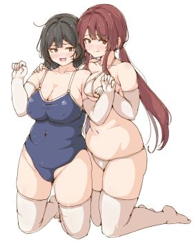 2girls arm_around_shoulder arms_up bikini black_hair blue_one-piece_swimsuit blush breast_press breasts brown_eyes cleavage covered_erect_nipples covered_navel elbow_gloves fang gloves highres kneeling large_breasts long_hair low_twintails multiple_girls navel one-piece_swimsuit open_mouth original plump red_hair shinonon_(iso_shino) short_hair sidelocks skin_fang smile swimsuit thick_thighs thighhighs thighs twintails white_background white_bikini white_gloves white_thighhighs