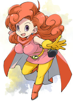 1girl ahoge bag belt boots breasts cape coin_purse curly_hair dress earrings gloves handbag jewelry lady_red large_breasts leaning_forward long_hair looking_at_viewer muramasa_mikado open_mouth orange_hair pantyhose pink_boots pink_cape pink_dress pink_eyes sleeveless sleeveless_dress smile standing standing_on_one_leg toriyama_akira_marusaku_gekijo white_background yellow_belt yellow_gloves yellow_pantyhose