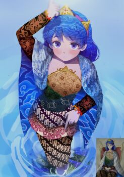 1girl cloak cloud_print dress highres himuhino multicolored_dress orange_sleeves patchwork_clothes pointing pointing_down pointing_up rainbow_gradient sky_print solo tenkyuu_chimata tiara touhou white_background