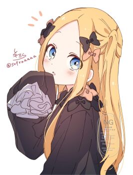 1girl abigail_williams_(fate) black_bow black_dress blonde_hair blush bow brown_bow dress fate/grand_order fate_(series) forehead from_side hair_bow hand_up highres long_sleeves looking_at_viewer looking_to_the_side notice_lines parted_bangs parted_lips puffy_long_sleeves puffy_sleeves signature simple_background sleeves_past_fingers sleeves_past_wrists sofra solo twitter_username upper_body watermark white_background