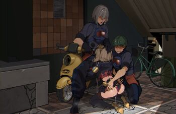 1girl 2boys absurdres bicycle black_gloves black_thighhighs blonde_hair burnice_white commentary_request cum cum_on_ass cum_on_body fingerless_gloves gloves green_hair grey_hair group_sex hanazawa_suou hetero high_heels highres implied_fellatio kneeling mmf_threesome motor_vehicle motorcycle multiple_boys thighhighs threesome twintails zenless_zone_zero