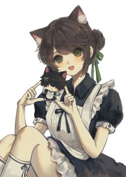 1girl aaaabuluntaihuashifu absurdres alternate_costume animal_ear_fluff animal_ears apron black_dress blush brown_hair cat_ears character_doll chinese_commentary collared_shirt commentary_request doll dress emma_woods enmaided fangs freckles frilled_dress frills green_eyes green_ribbon hair_bun hands_up highres holding holding_doll identity_v kemonomimi_mode kneehighs looking_at_viewer maid maid_apron open_mouth puffy_short_sleeves puffy_sleeves ribbon shirt short_sleeves sidelocks sitting socks solo swept_bangs upper_body white_background white_socks