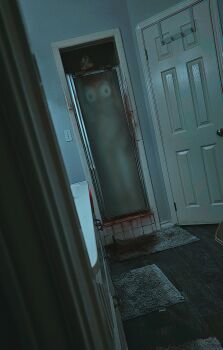 1girl against_glass blood blood_on_face breast_press breasts breasts_on_glass commentary completely_nude door dutch_angle english_commentary evil_smile highres horror_(theme) indoors light_switch looking_at_viewer nipples nude obj_shep original photo_background revision shower_(place) smile solo wide_mouth wooden_floor