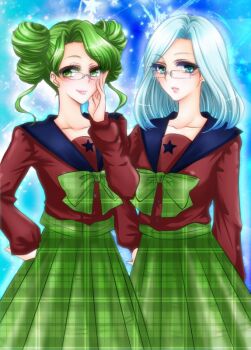 Rule 34 | 1990s (style), 2girls, aqua eyes, bishoujo senshi sailor moon, bishoujo senshi sailor moon s, blush, bow, glasses, green eyes, green hair, hair bun, hand on own hip, hip focus, kiraki, mugen gakuen school uniform, multiple girls, parted bangs, plaid clothes, plaid skirt, retro artstyle, ribbon, school uniform, short hair, single hair bun, skirt, star (symbol), tellu (sailor moon), tongue, viluy (sailor moon), white hair, witches 5