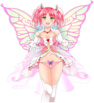 1girl :d arm_gloves bug butterfly choker fairy fairy_wings female_focus game_cg green_eyes hair_ornament highres hunie_(series) hunie_pop insect kyu_sugardust midriff navel ninamo open_mouth panties pink_hair pink_panties simple_background smile solo thighhighs twintails underwear white_background white_legwear wings