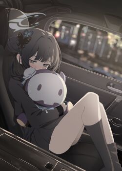 1girl absurdres black_hair black_skirt blue_archive braid braided_bun car car_interior commentary_request covered_face double_bun grey_eyes hair_bun halo highres hugging_object kisaki_(blue_archive) motor_vehicle mugi_(marineblue134) skirt stuffed_animal stuffed_toy