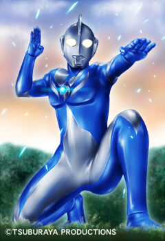 1boy alien batayan blue_skin color_timer colored_skin commentary_request copyright_notice giant multicolored_skin official_art on_one_knee outdoors silver_skin solo tokusatsu tsuburaya_productions ultra_series ultraman_cosmos ultraman_cosmos_(luna_mode) ultraman_cosmos_(series) yellow_eyes