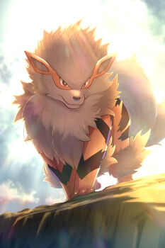 arcanine bright_pupils brown_eyes closed_mouth cloud commentary_request day from_below gen_1_pokemon highres nintendo no_humans outdoors pokemon pokemon_(creature) pokemon_focus rumine_(yoshi1234567) sky solo standing white_pupils