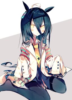 1girl animal_ears black_hair black_pantyhose blush borrowed_clothes coat commentary_request cork ear_ornament ear_tag earrings hair_between_eyes highres horse_ears horse_girl horse_tail jewelry lab_coat long_hair long_hair_between_eyes manhattan_cafe_(umamusume) meto_(metrin) multicolored_hair necktie open_clothes open_coat pantyhose parted_lips single_earring sitting sleeves_past_fingers sleeves_past_wrists solo tail test_tube thighband_pantyhose triangle_mouth umamusume very_long_hair wariza white_coat white_hair yellow_necktie