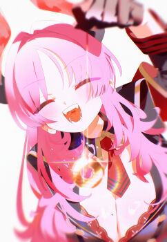 1girl absurdres blue_archive bm_tol bra breasts cleavage closed_eyes coin coin_on_string commentary demon_girl demon_horns facing_viewer gloves highres horns large_breasts long_hair long_sleeves mole mole_on_breast necktie pink_hair red_bra red_horns red_necktie satsuki_(blue_archive) solo underwear