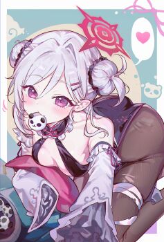 0202ase 1girl absurdres bare_shoulders black_pantyhose blue_archive blush breasts chinese_clothes detached_sleeves double_bun dress grey_hair hair_bun halo halter_dress halterneck heart highres kneeling looking_at_viewer medium_breasts mouth_hold mutsuki_(blue_archive) pantyhose red_eyes red_halo side_ponytail side_slit solo speech_bubble spoken_heart