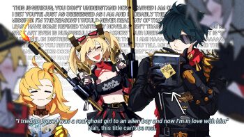 Rule 34 | 1boy, 4girls, angry, arguing, belt, blonde hair, blurry, blurry foreground, book, burnice white, caesar king (zenless zone zero), closed eyes, closed mouth, english text, excited, fire, flamethrower, gloves, green hair, hand on own chin, heartbreak juan, highres, holding, holding book, holding flamethrower, holding weapon, jacket, lighter (zenless zone zero), long hair, long sleeves, looking at another, looking at object, luciana de montefio, midriff, multiple girls, open book, piper wheel, short hair, shoulder spikes, skirt, smile, spikes, strapless, sunglasses, tube top, wall of text, weapon, zenless zone zero