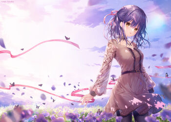 Rule 34 | 1girl, :p, animal, belt, belt buckle, black belt, black pantyhose, blurry, blurry foreground, breasts, brown eyes, brown shirt, brown skirt, buckle, bug, butterfly, center frills, cleavage, closed mouth, collarbone, commentary request, depth of field, flower, frills, hair between eyes, hair ornament, hair ribbon, hairclip, highres, insect, long sleeves, medium breasts, nanami yuuno, pantyhose, petals, pink ribbon, puffy long sleeves, puffy sleeves, purple flower, purple hair, ribbon, see-through clothes, see-through sleeves, shirt, skirt, smile, solo, sousouman, standing, tongue, tongue out, twinbox school, x hair ornament