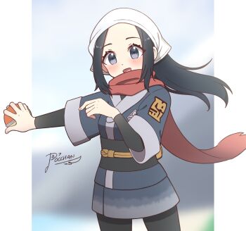 1girl :d akari_(pokemon) black_hair black_pantyhose blush cowboy_shot eyelashes floating_hair floating_scarf grey_eyes grey_jacket grey_skirt headscarf highres hisuian_poke_ball holding holding_poke_ball jacket logo long_hair mixed-language_commentary nintendo open_mouth pantyhose pocchan poke_ball pokemon pokemon_legends:_arceus red_scarf scarf sidelocks signature skirt smile solo