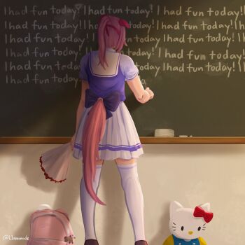 1girl absurdres animal_ears backpack bag board_eraser bouquet chalk chalkboard classroom ear_covers ears_down english_text flower from_behind hairband haru_urara_(umamusume) headband hello_kitty hello_kitty_(character) highres holding holding_bouquet holding_chalk horse_ears horse_girl horse_tail indoors l1amanade long_hair pink_hair pink_headband ponytail puffy_short_sleeves puffy_sleeves purple_shirt red_headband sailor_collar sailor_shirt sanrio school_uniform shirt short_sleeves skirt tail thighhighs tracen_school_uniform umamusume white_sailor_collar white_skirt white_thighhighs writing zettai_ryouiki