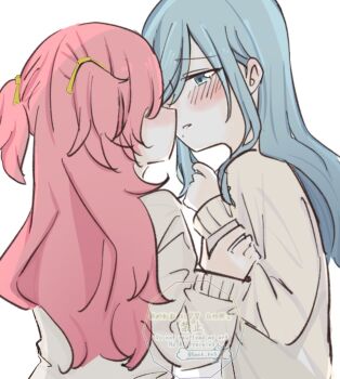 2girls blue_eyes blue_hair blush commentary grey_sweater highres hinomori_shizuku holding_another&#039;s_wrist long_hair mole mole_under_mouth momoi_airi multiple_girls omnk_kng parted_lips pink_hair project_sekai school_uniform simple_background sweater two_side_up watermark white_background yuri