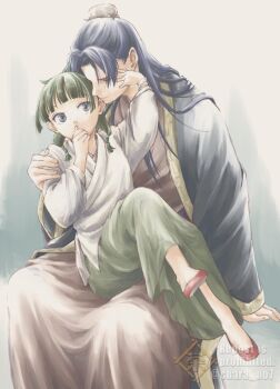 Rule 34 | 1boy, 1girl, arm around shoulder, beads, blue eyes, blue hair, blue ribbon, blunt bangs, brown robe, bun cover, chara no7, commentary request, couple, flats, freckles, green hair, green skirt, hair beads, hair bun, hair ornament, hair ribbon, half updo, hand on another's cheek, hand on another's face, hand to own mouth, hetero, jinshi (kusuriya no hitorigoto), kusuriya no hitorigoto, long hair, long skirt, maomao (kusuriya no hitorigoto), parted bangs, red shoes, ribbon, robe, shirt, shoes, sitting, sitting on lap, sitting on person, skirt, white shirt