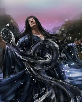 1boy artskiddy69 black_hair blue_robe closed_eyes gu_yue_fang_yuan head_back highres light_particles magic male_focus mountainous_horizon official_alternate_costume outstretched_arms painterly pectoral_cleavage pectorals reverend_insanity robe solo swirl water water_drop