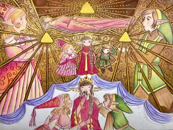 1boy 2girls blonde_hair brown_hair closed_eyes dress elf hat highres link long_hair looking_at_another multiple_girls nintendo pink_dress pointy_ears princess_zelda red_dress sleeping spell the_legend_of_zelda the_legend_of_zelda_(nes) triforce tunic zelda_ii:_the_adventure_of_link