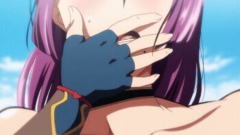 1girl 2023 20s animated animated_gif anime_screenshot black_choker black_gloves blue_sky brown_eyes choker cloud cloudy_sky convention cosplay covering_own_mouth gloves hand_over_own_mouth implied_vibrator lips long_hair long_sleeves mature_female minamoto_no_raikou_(fate)_(cosplay) minamoto_no_raikou_(swimsuit_lancer)_(fate)_(cosplay) mole mole_under_mouth open_mouth public_indecency purple_hair sky solo standing surprised tagme tsuma_ni_damatte_sokubai-kai_ni_iku_ja_nakatta very_long_hair yumiko_kimura