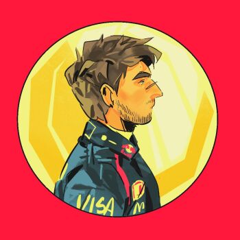 Rule 34 | 1boy, beard, blue eyes, brown hair, closed mouth, coin, commentary, english commentary, expressionless, facial hair, formula one, from side, gold coin, looking ahead, male focus, max verstappen, mustache stubble, no sclera, nose, profile, racing suit, real life, red background, short hair, simple background, sog goog, solo, stubble