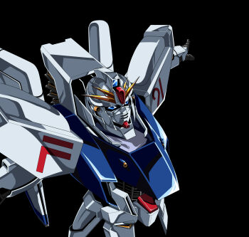 Rule 34 | 1980s (style), 1990s (style), absurdres, blue eyes, character name, commentary, earth federation, f91 gundam, faux retro artstyle, glint, gundam, gundam f91, highres, kds (0049), mecha, mecha focus, mobile suit, no humans, oldschool, retro artstyle, robot, roundel, science fiction, solo, space, v-fin, zero gravity