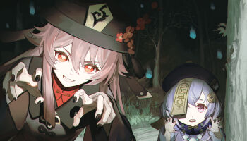 2girls age_difference black_nails blue_fire claw_pose facing_viewer fire forest furrowed_brow genshin_impact grass grin hamilundenongdizhe hands_up headlight_beam height_difference highres hu_tao_(genshin_impact) looking_at_viewer multiple_girls nail_polish nature night one_eye_covered open_mouth outdoors path qiqi_(genshin_impact) road shadow smile tree v-shaped_eyebrows