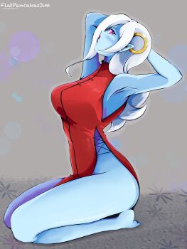 absurdres alien alternate_costume armpits arms_behind_head arms_up barefoot blue_skin breasts chinese_clothes colored_skin dragon_ball dragon_ball_xenoverse flatpancakesjim highres kneeling large_breasts side_slit simple_background sitting towa_(dragon_ball) white_hair